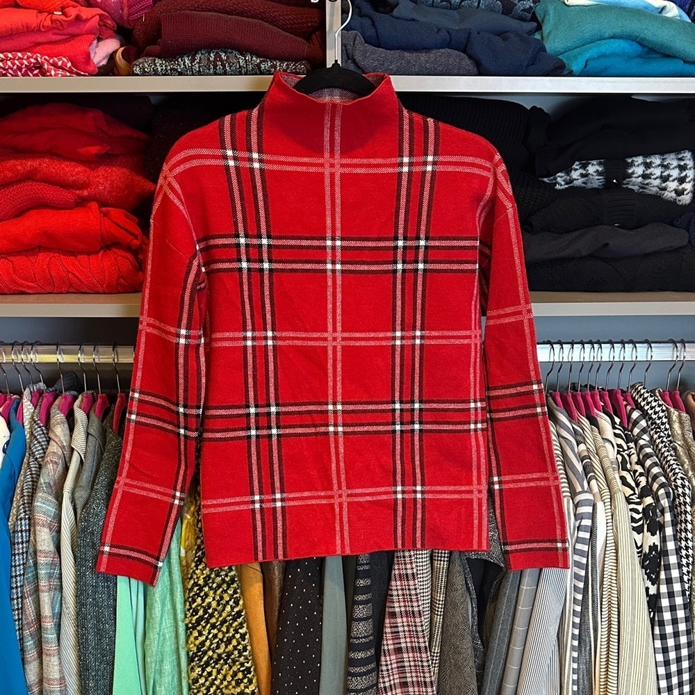 Nicole Miller red/white/black plaid mock neck long sleeve sweater size S NWOT
